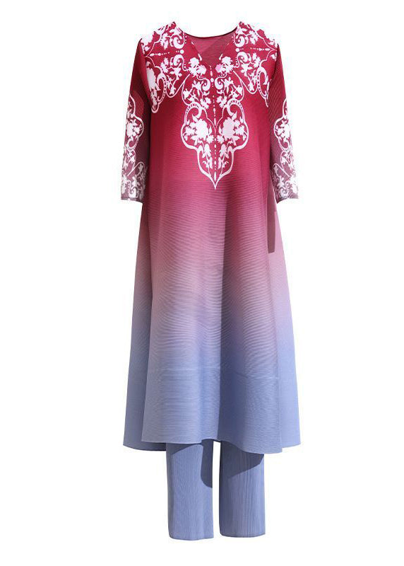 French Red V Neck Print Gradient Color A Line Dress Two Pieces Set Summer LY2719 - fabuloryshop