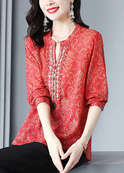 French Red V Neck Print Rivet Patchwork Silk Blouse Tops Spring TP1005 - fabuloryshop