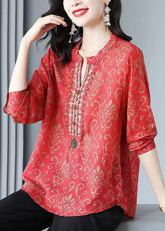 French Red V Neck Print Rivet Patchwork Silk Blouse Tops Spring TP1005 - fabuloryshop