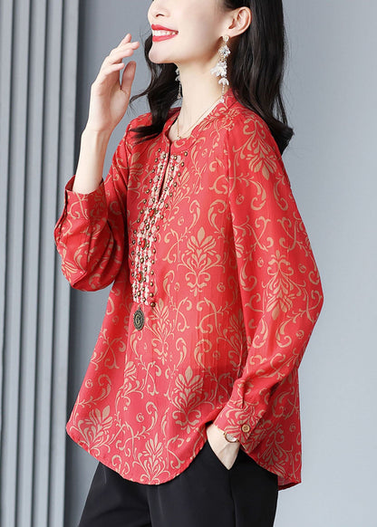 French Red V Neck Print Rivet Patchwork Silk Blouse Tops Spring TP1005 - fabuloryshop