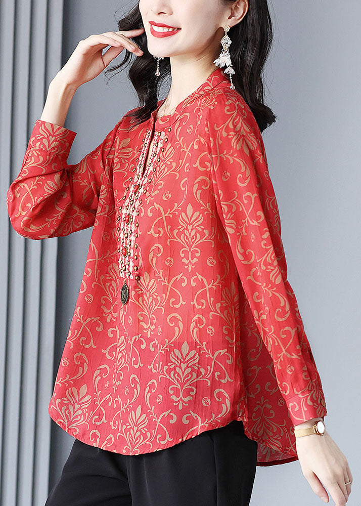 French Red V Neck Print Rivet Patchwork Silk Blouse Tops Spring TP1005 - fabuloryshop