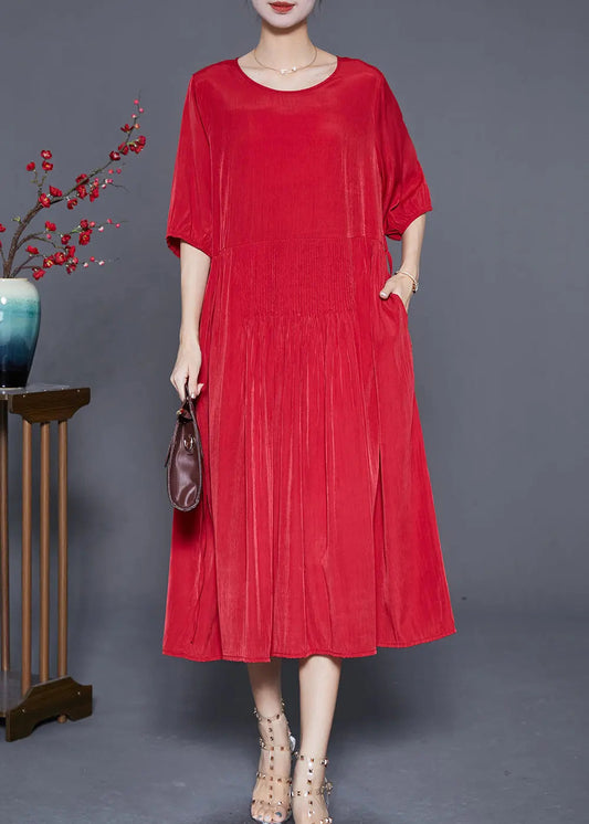 French Red Wrinkled Tie Waist Linen Long Dresses Summer Ada Fashion