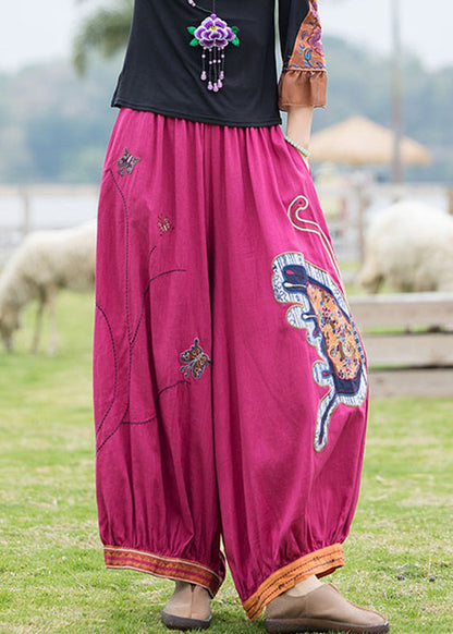 French Rose Embroideried Floral Linen Harem Pants Ada Fashion