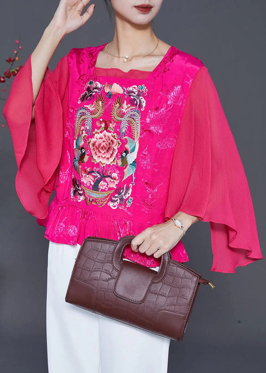 French Rose Embroideried Patchwork Silk Blouses Cloak Sleeves Ada Fashion