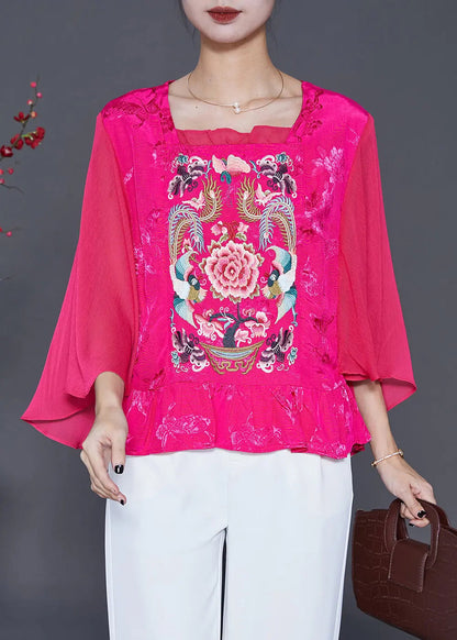 French Rose Embroideried Patchwork Silk Blouses Cloak Sleeves Ada Fashion