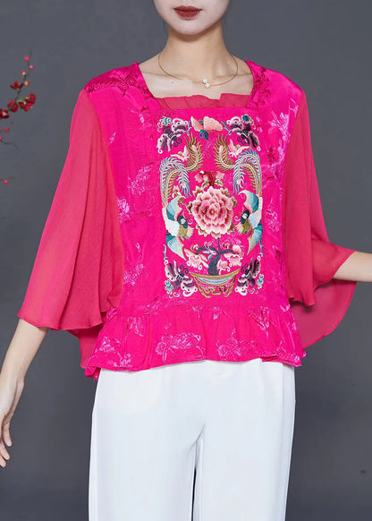 French Rose Embroideried Patchwork Silk Blouses Cloak Sleeves Ada Fashion