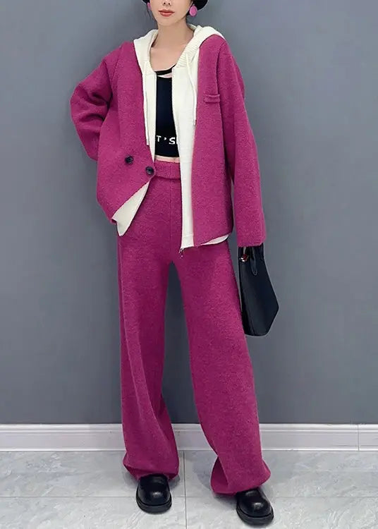 French Rose Hooded Tops And Pants Woolen Two Piece Suit Set Fall Ada Fashion