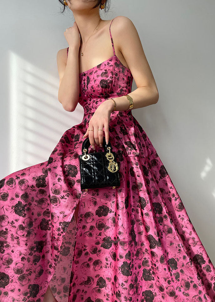 French Rose Print Side Open Exra Large Hem Silk Spaghetti Strap Dress Summer LC0479 - fabuloryshop