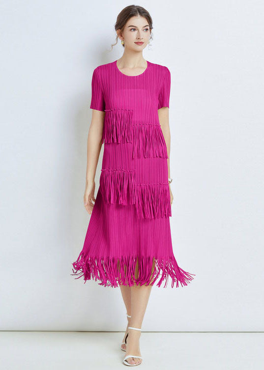 French Rose Tasseled Patchwork Wrinkled Chiffon Dresses Short Sleeve LY7456 - fabuloryshop