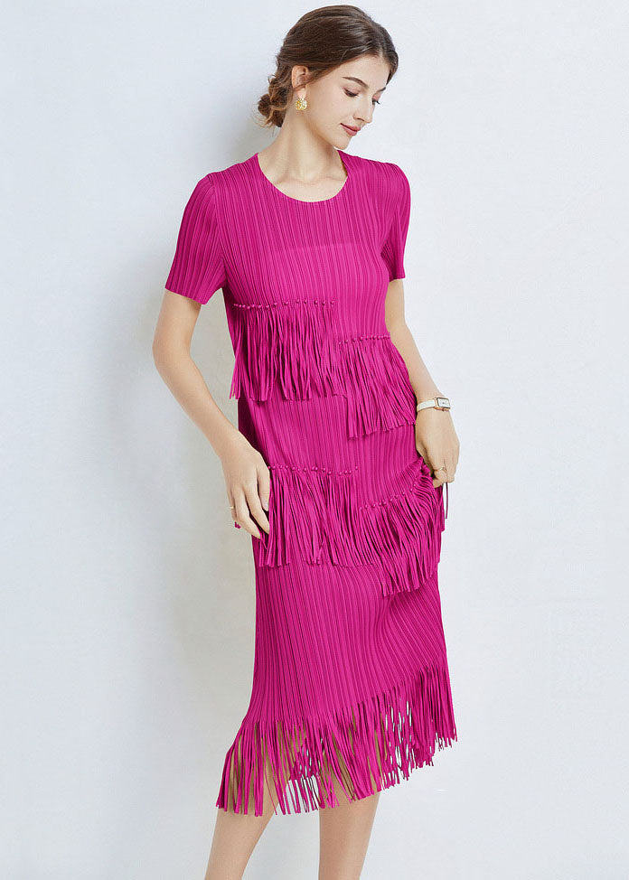 French Rose Tasseled Patchwork Wrinkled Chiffon Dresses Short Sleeve LY7456 - fabuloryshop