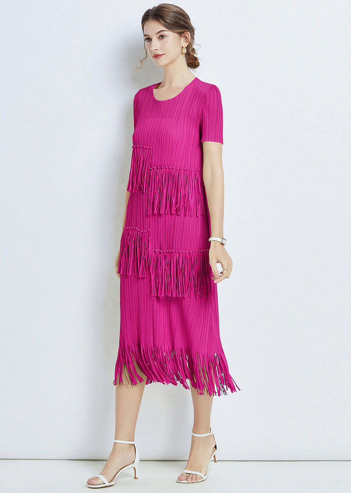 French Rose Tasseled Patchwork Wrinkled Chiffon Dresses Short Sleeve LY7456 - fabuloryshop