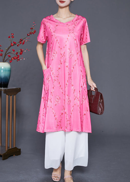 French Rose V Neck Print Chiffon Mid Dresses Summer Ada Fashion