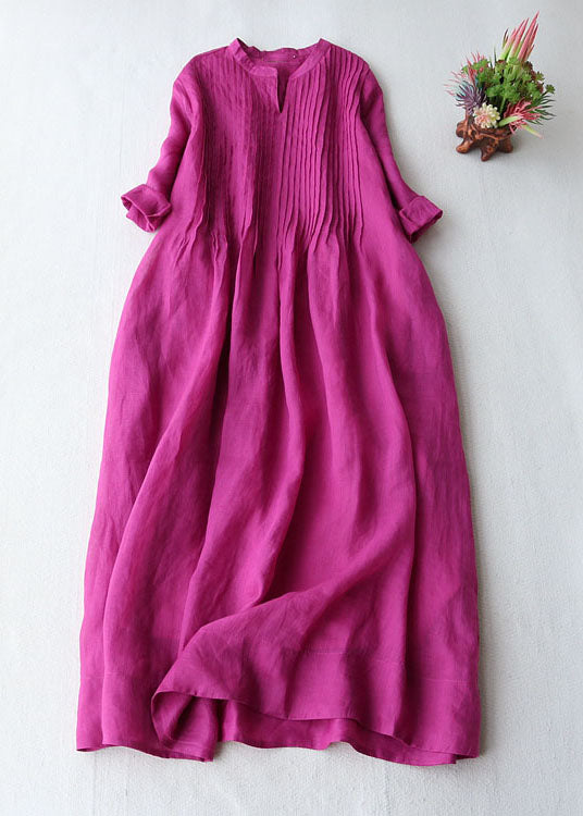 French Rose V Neck Wrinkled Pockets Patchwork Linen Dresses Summer Ada Fashion
