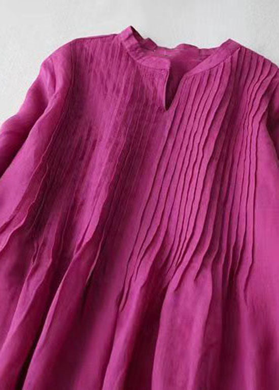 French Rose V Neck Wrinkled Pockets Patchwork Linen Dresses Summer Ada Fashion