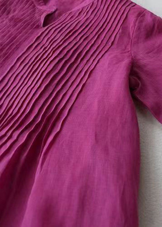 French Rose V Neck Wrinkled Pockets Patchwork Linen Dresses Summer Ada Fashion