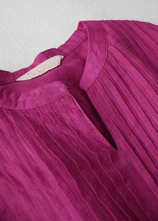 French Rose V Neck Wrinkled Pockets Patchwork Linen Dresses Summer Ada Fashion