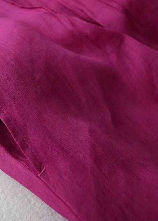 French Rose V Neck Wrinkled Pockets Patchwork Linen Dresses Summer Ada Fashion