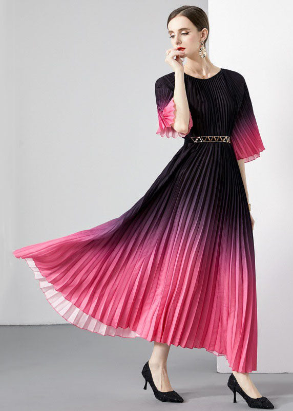 French Rose Wrinkled Sashes Patchwork Chiffon Long Dresses Flare Sleeve Ada Fashion