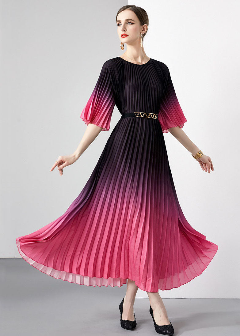 French Rose Wrinkled Sashes Patchwork Chiffon Long Dresses Flare Sleeve Ada Fashion