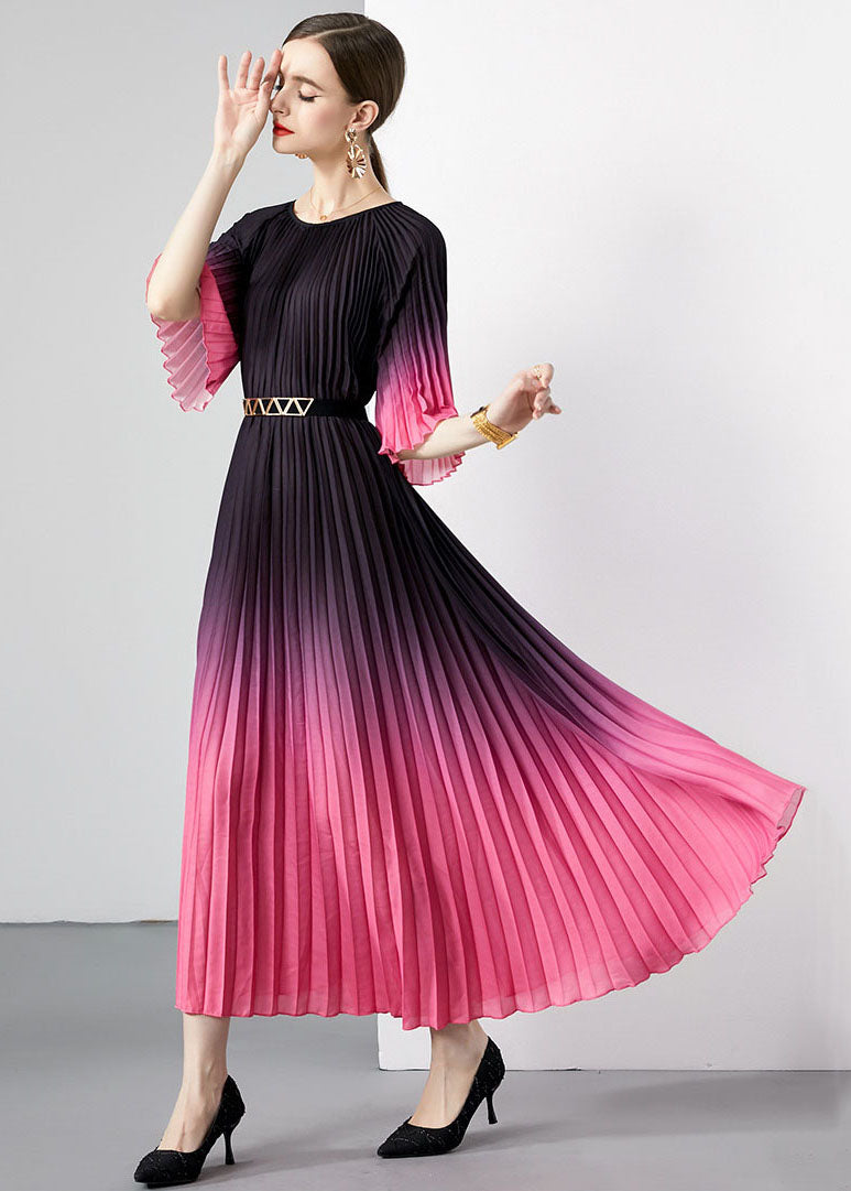 French Rose Wrinkled Sashes Patchwork Chiffon Long Dresses Flare Sleeve Ada Fashion