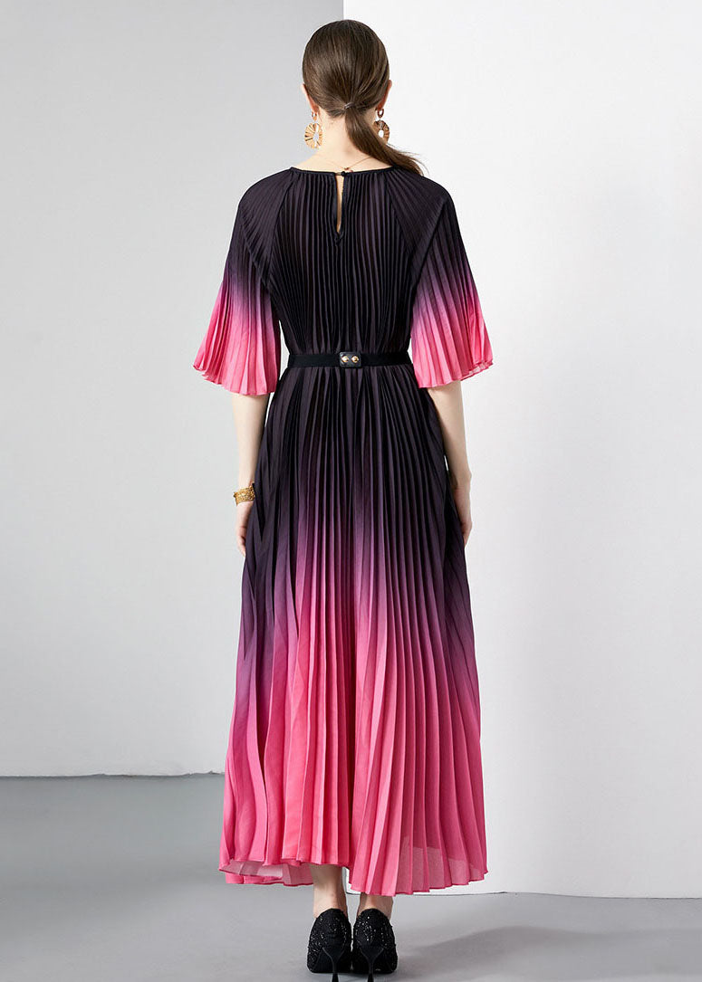 French Rose Wrinkled Sashes Patchwork Chiffon Long Dresses Flare Sleeve Ada Fashion