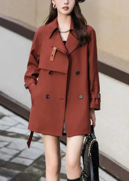 French Rust Double Breast Tie Waist Pockets Cotton Coat Fall Ada Fashion