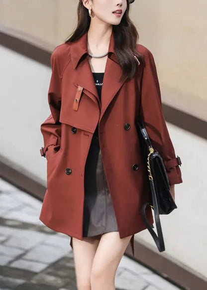 French Rust Double Breast Tie Waist Pockets Cotton Coat Fall Ada Fashion