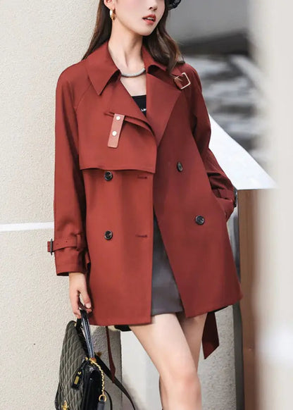 French Rust Double Breast Tie Waist Pockets Cotton Coat Fall Ada Fashion