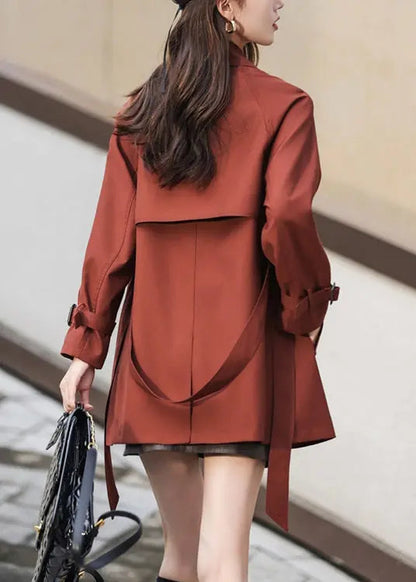 French Rust Double Breast Tie Waist Pockets Cotton Coat Fall Ada Fashion