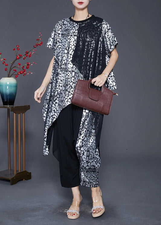French Silvery Asymmetrical Patchwork Print Silk Two Pieces Set Fall Ada Fashion
