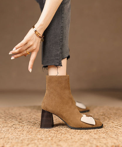 French Square Toe Thick Heel Bow Splicing Brown Suede Boots Ada Fashion