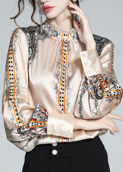 French Stand Collar Print Lace Patchwork Silk Shirt Spring LY0132 - fabuloryshop