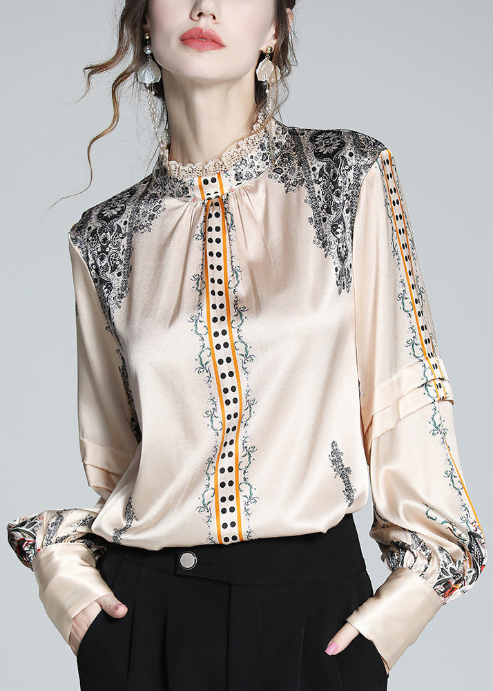 French Stand Collar Print Lace Patchwork Silk Shirt Spring LY0132 - fabuloryshop