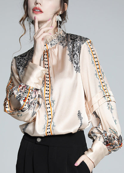 French Stand Collar Print Lace Patchwork Silk Shirt Spring LY0132 - fabuloryshop