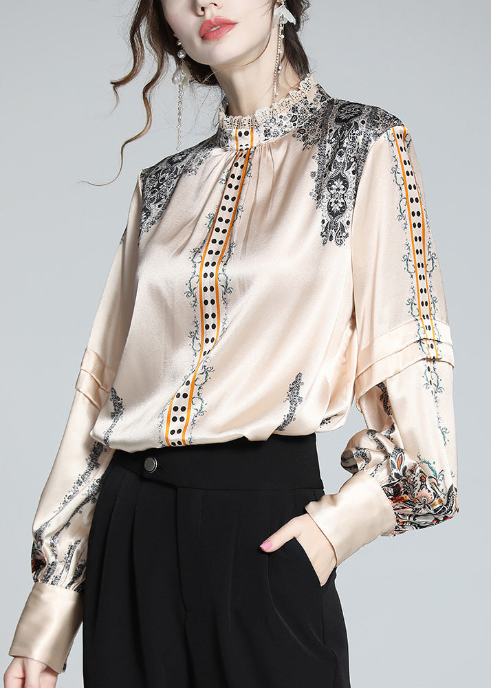 French Stand Collar Print Lace Patchwork Silk Shirt Spring LY0132 - fabuloryshop