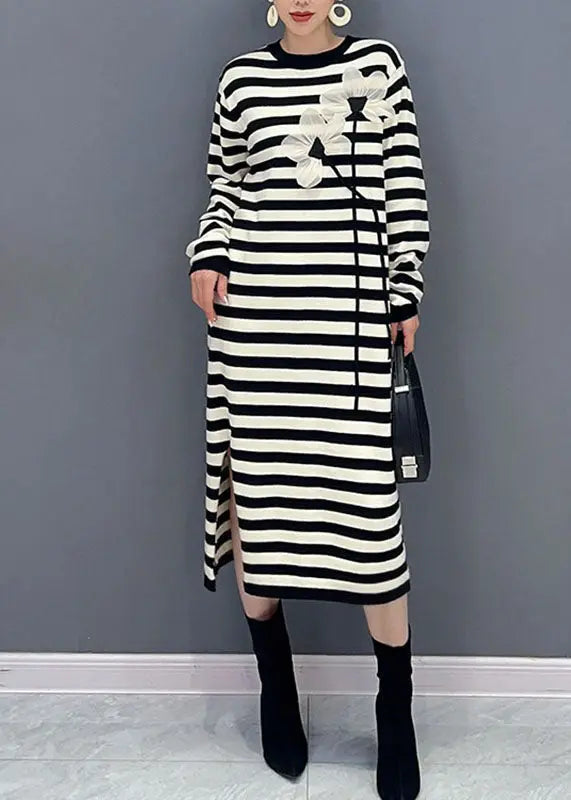 French Striped O-Neck Floral Side Open Holiday Long Dress Long Sleeve Ada Fashion