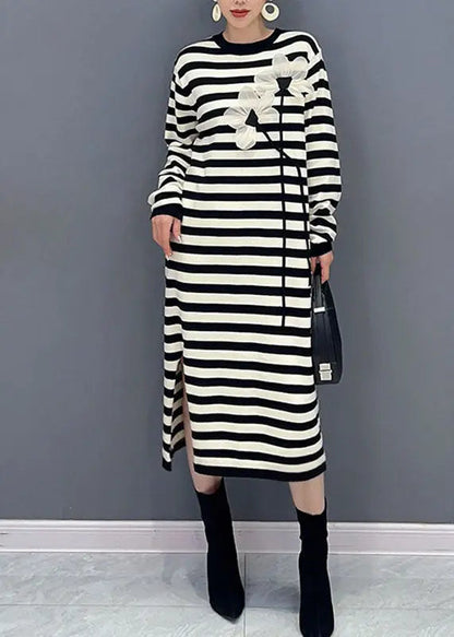 French Striped O-Neck Floral Side Open Holiday Long Dress Long Sleeve Ada Fashion