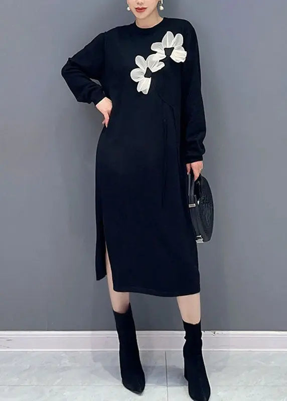 French Striped O-Neck Floral Side Open Holiday Long Dress Long Sleeve Ada Fashion