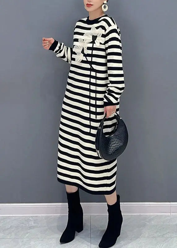 French Striped O-Neck Floral Side Open Holiday Long Dress Long Sleeve Ada Fashion