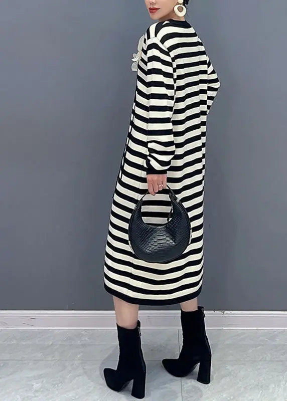 French Striped O-Neck Floral Side Open Holiday Long Dress Long Sleeve Ada Fashion