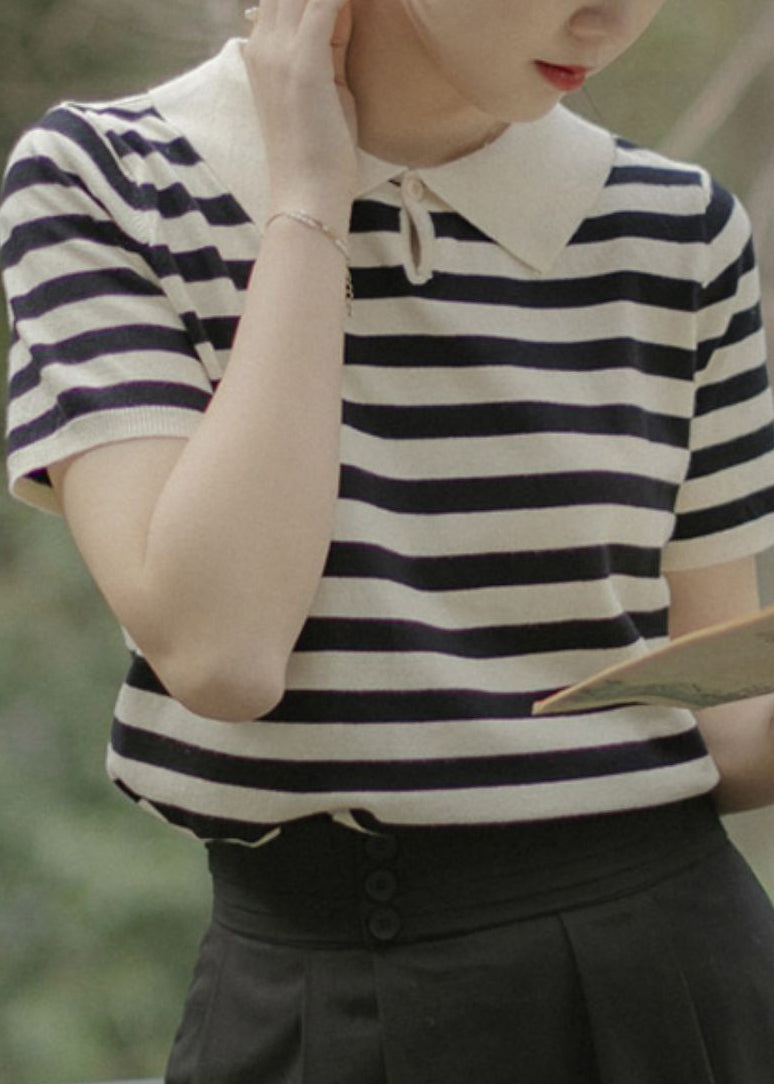 French Striped Button Cotton Knit Top Summer