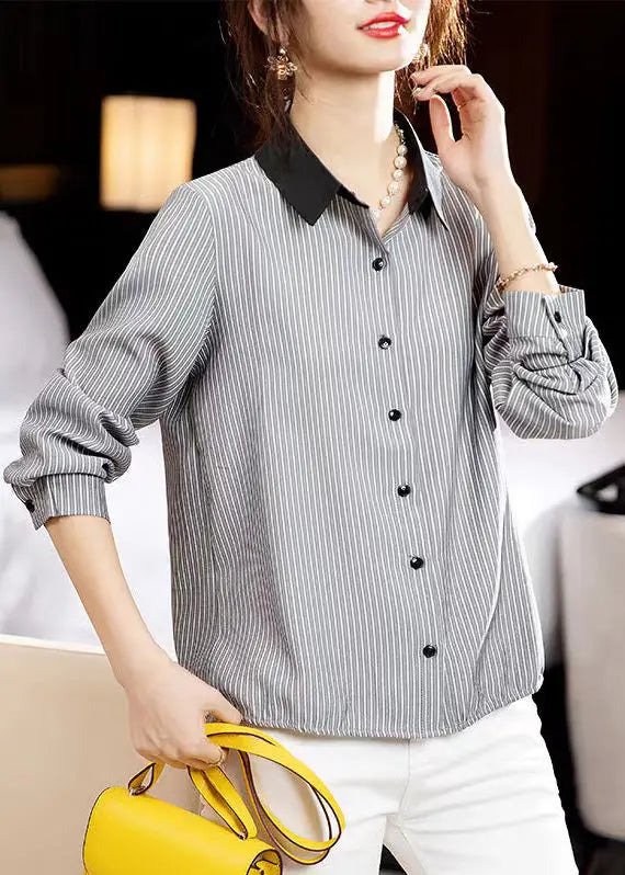 French Striped Peter Pan Collar Button Cotton Shirts Fall Ada Fashion