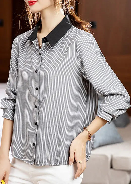 French Striped Peter Pan Collar Button Cotton Shirts Fall Ada Fashion