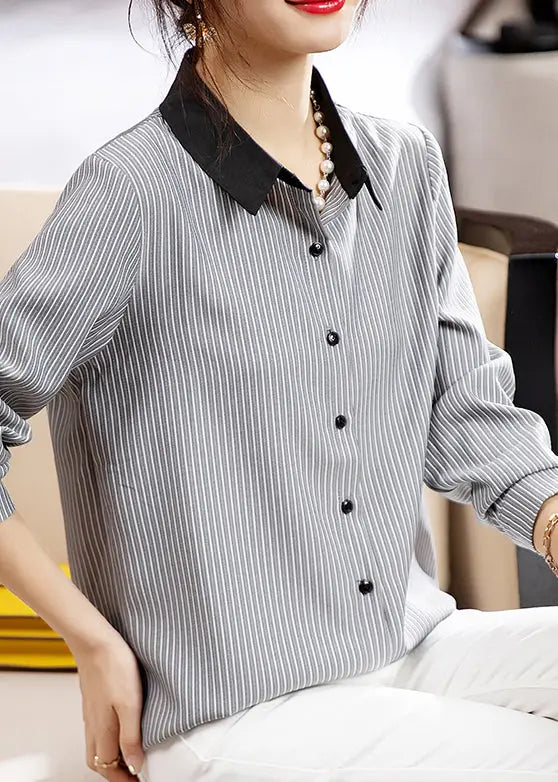 French Striped Peter Pan Collar Button Cotton Shirts Fall Ada Fashion