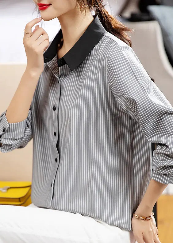 French Striped Peter Pan Collar Button Cotton Shirts Fall Ada Fashion