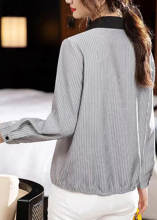 French Striped Peter Pan Collar Button Cotton Shirts Fall Ada Fashion