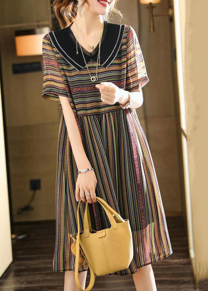 French Striped Peter Pan Collar Patchwork Chiffon Dress Summer Ada Fashion