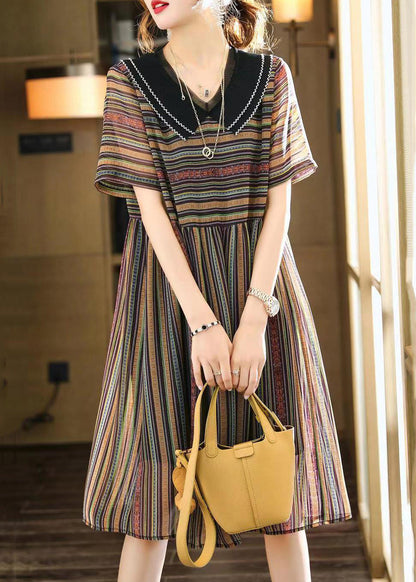 French Striped Peter Pan Collar Patchwork Chiffon Dress Summer Ada Fashion