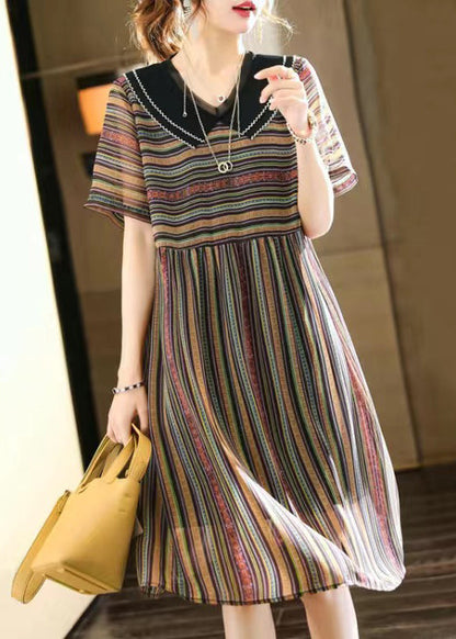 French Striped Peter Pan Collar Patchwork Chiffon Dress Summer Ada Fashion