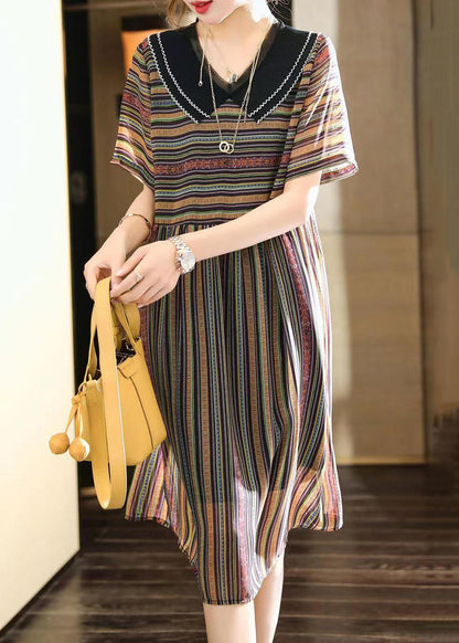 French Striped Peter Pan Collar Patchwork Chiffon Dress Summer Ada Fashion